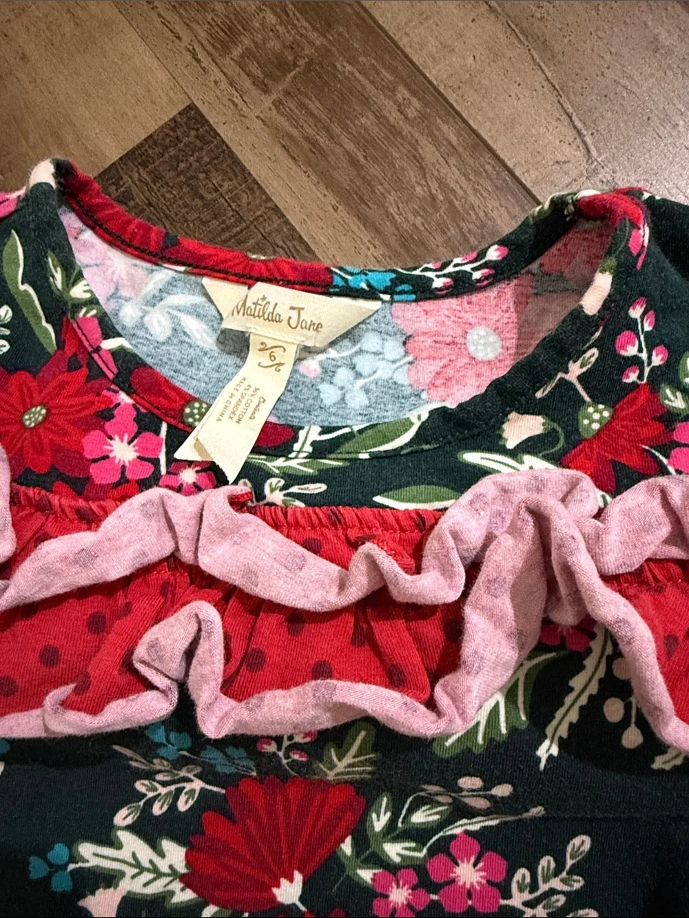 Matilda Jane Forest Green Floral Ruffle Long-Sleeve Top with Red Accents